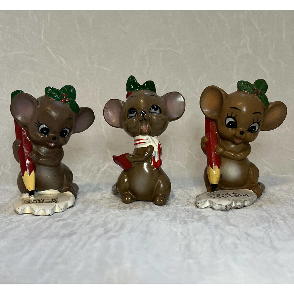 Vintage Josef Originals Christmas Mice Porcelain Figurines, Exc Cond